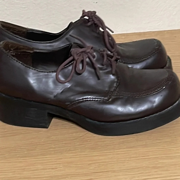 Vintage 90s Y2K Lower East Side Brown Faux Leather Chunky Loafer Lace Up Shoes 6 - Picture 16 of 16